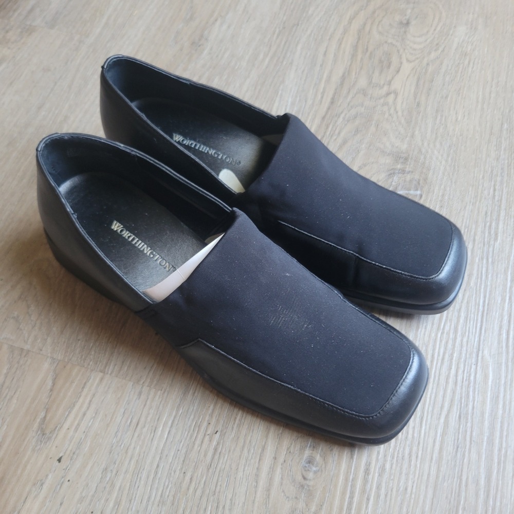 Worthington Womens Loafers 7 Black Leather Square Toe Professional Wedge Slip On